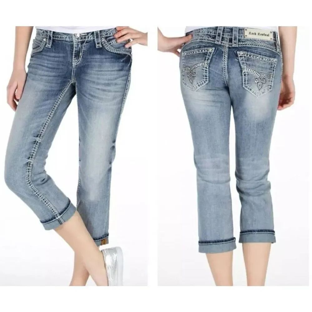 Rock Revival Nicole Studded Back Pockets Capri Length Jeans Size 26
